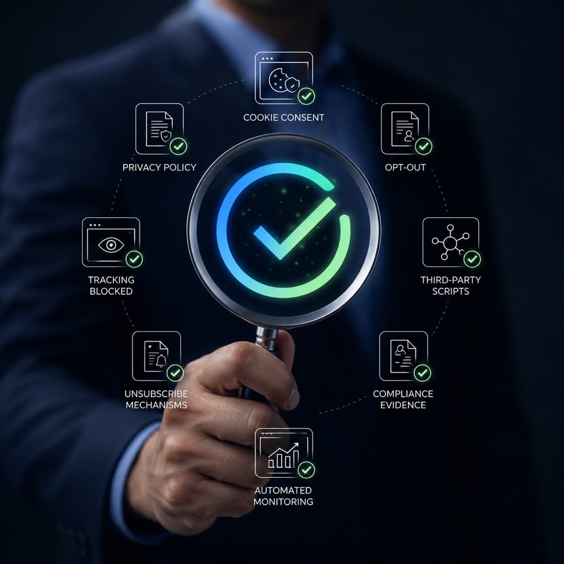 Compliance monitoring dashboard showing continuous regression detection across cookie consent, privacy policy, opt-out, third-party scripts, tracking, unsubscribe mechanisms, compliance evidence, and automated monitoring