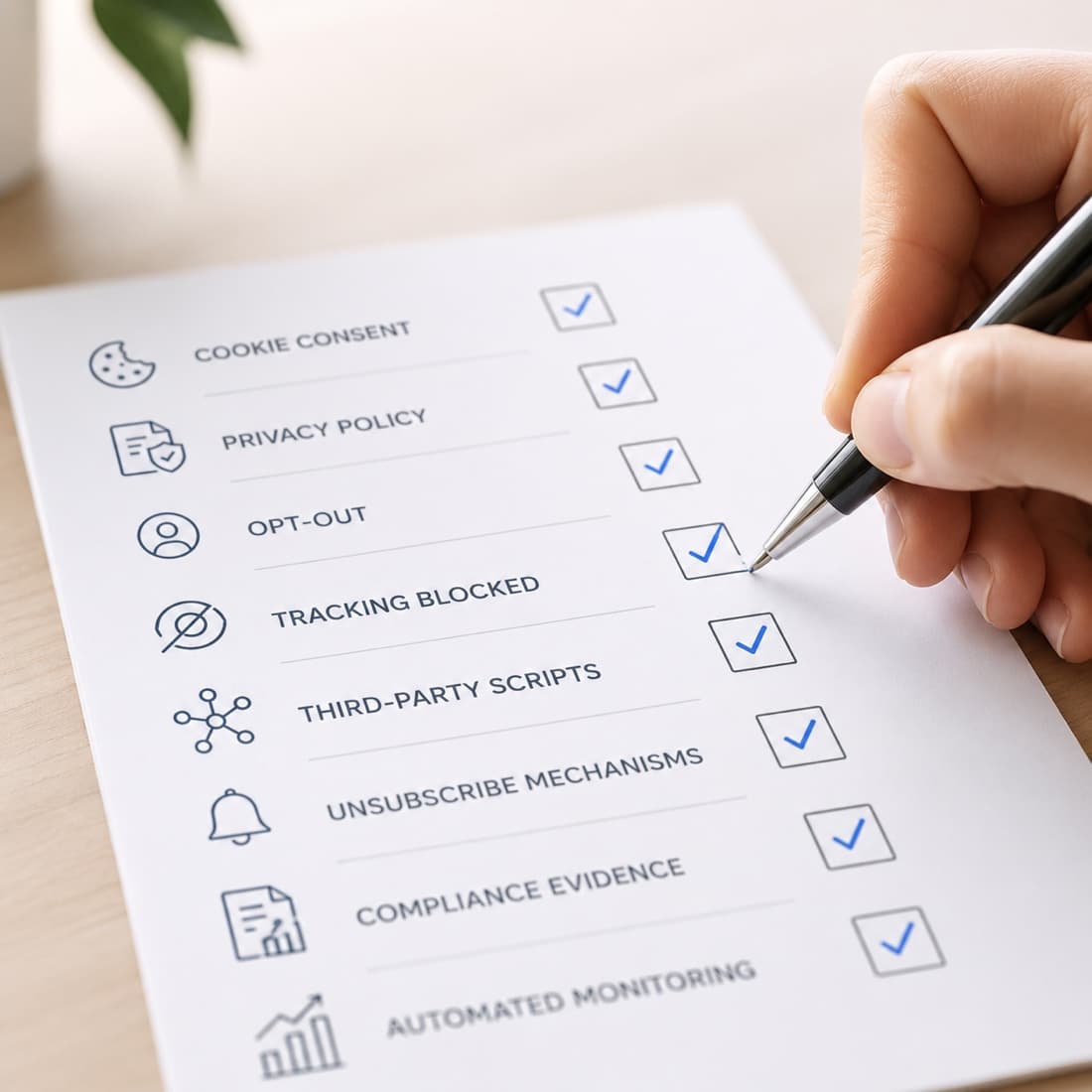 Compliance audit checklist showing cookie consent, privacy policy, opt-out, tracking blocked, third-party scripts, unsubscribe mechanisms, compliance evidence, and automated monitoring items all checked