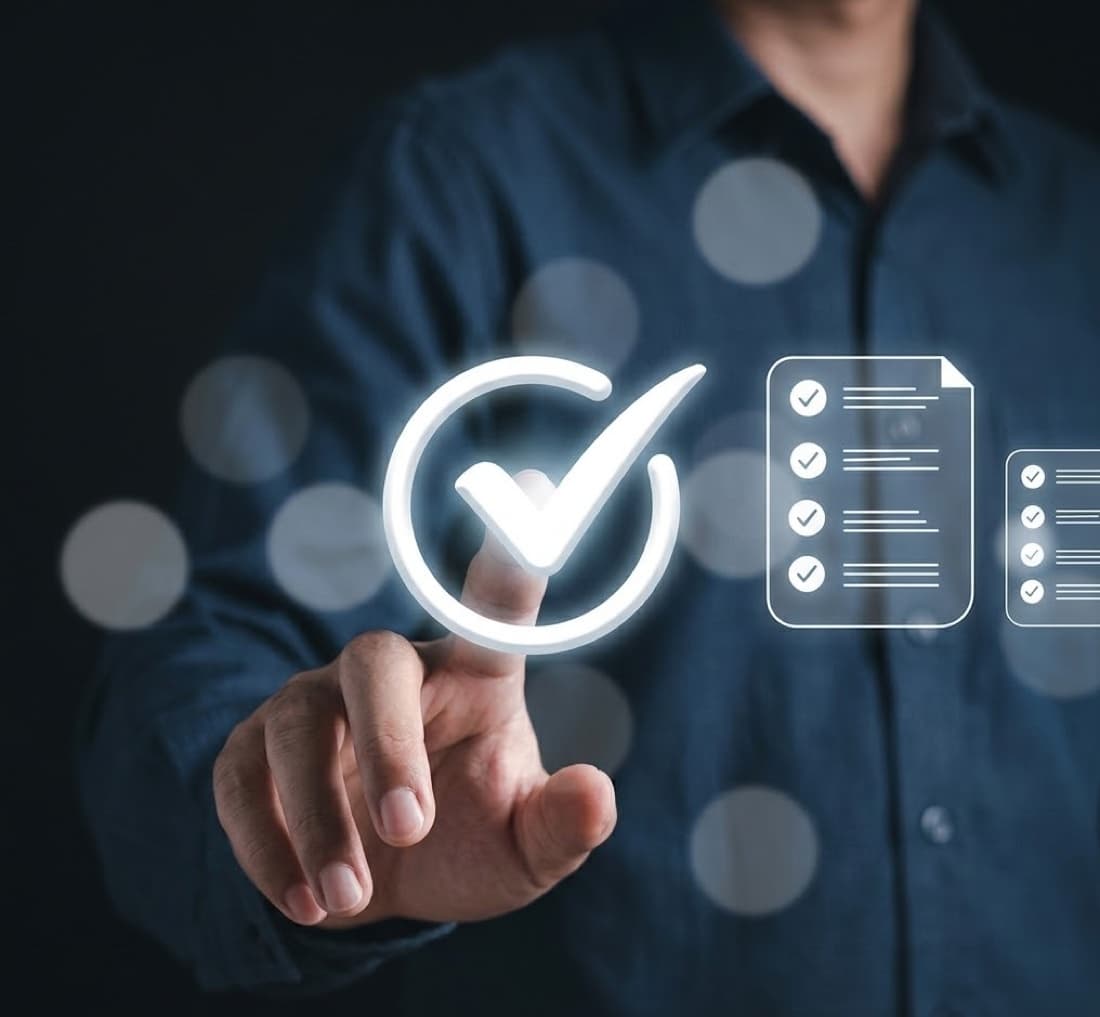 Person pointing at a glowing compliance checkmark with audit document checklists floating alongside, representing behavioral testing and verification